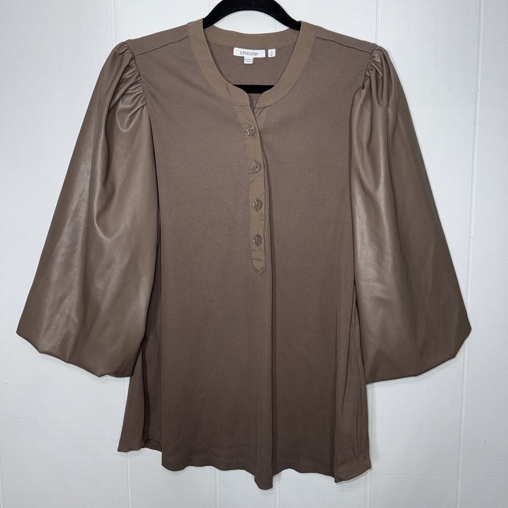 Chico’s Women’s Faux Leather Puff Sleeve Henley Top Taupe Brown Size 3, XL